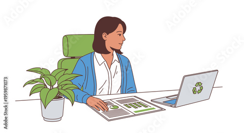Woman working at desk with laptop and documents.