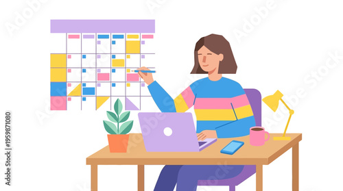 Woman working at desk with laptop and calendar.