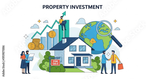 Property Investment Illustration - House, Globe, People, and Financial Growth.