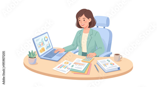 Woman working diligently at her desk with laptop and documents.