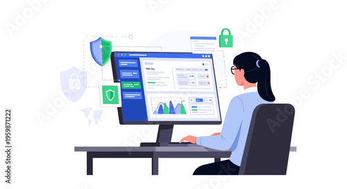 Woman Working on Computer Analyzing Data Security.