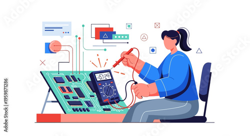 Woman Working on Electronic Circuit Board with Multimeter.