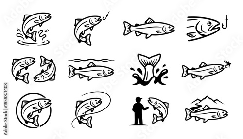 Trout Fishing Icon Set – Clean Vector Fish, Hook and Splash Illustrations