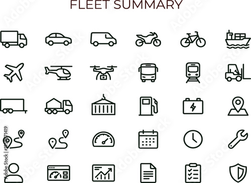 Fleet summary outline icon set featuring transport logistics vehicle monitoring analytics dashboard navigation management interface vector symbols collection