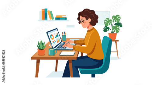 Woman working on laptop at home office desk.