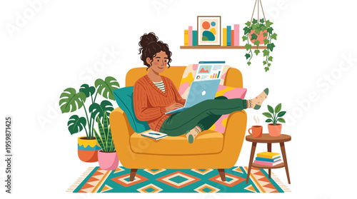 Woman working on laptop comfortably at home.
