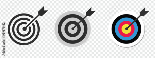 Target icon with arrow hitting bullseye in three different styles: black and white, gray, and color. Represents success, accuracy, and achievement, Target Practice