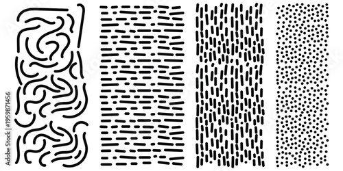 Stylish compilation of black and white abstract hand-drawn doodle textures, including lines, dashes, and dots, perfect for modern designs.