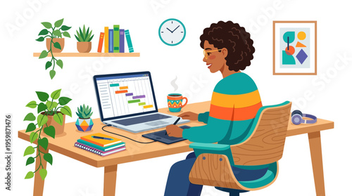 Woman working on laptop at desk with plants.