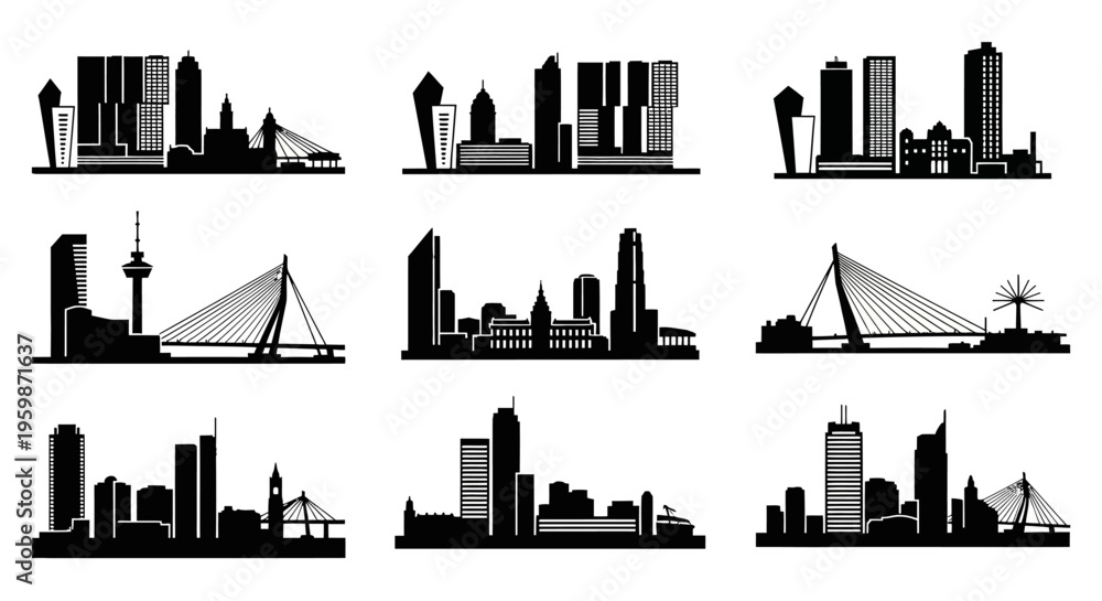 Fototapeta premium Cityscape Silhouettes: Modern Skylines and Architectural Landmarks Collection