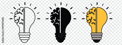 Three icons representing a light bulb merging with a brain, in outline, solid black, and yellow color variations. Symbolizing ideas, innovation, and intellect