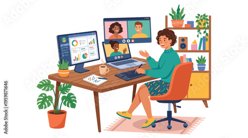 Woman working remotely on a video conference call.