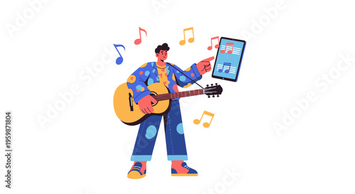 Young Man Playing Guitar with Music Notes and Tablet.