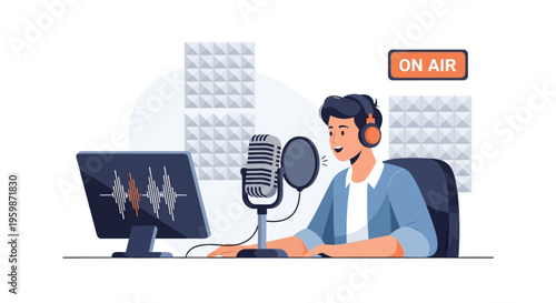 Young man recording podcast with professional microphone and headphones.