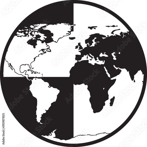 A black and white illustration of a globe divided into sections showing continents.
