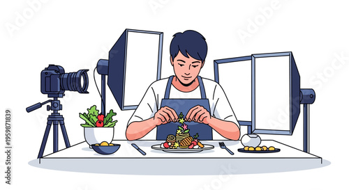 Young man preparing food for a cooking show.