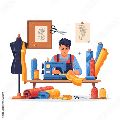 Young man sewing fabric on a sewing machine.