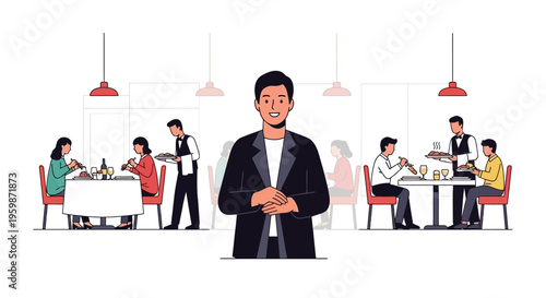 Young Man Standing Confidently in Restaurant Setting.