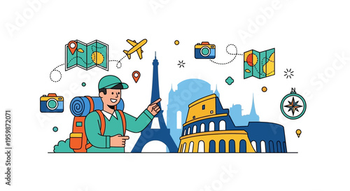 Young man with backpack exploring famous landmarks around the world.