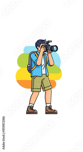 Young man with backpack taking photo with professional camera.