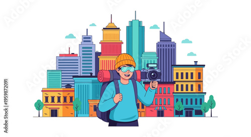 Young man with backpack and camera exploring city.