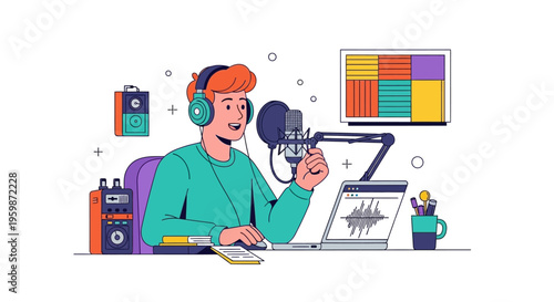 Young man with headphones recording podcast with microphone and laptop.