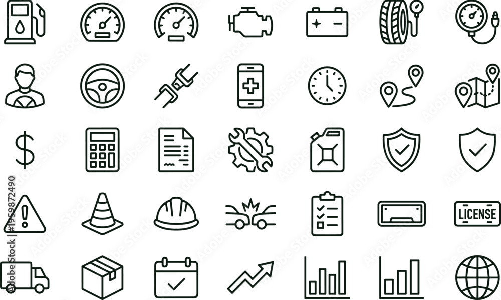 Fototapeta premium Fleet management dashboard outline icon set featuring vehicle analytics maintenance monitoring logistics performance safety interface vector symbols collection