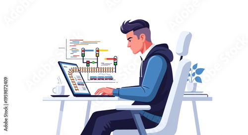 Young man working diligently on his laptop computer at a desk.