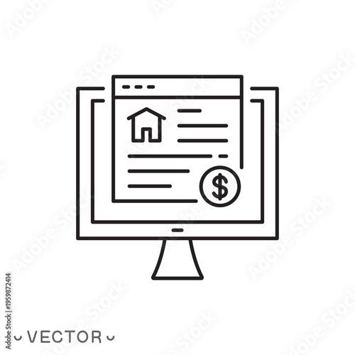 real estate website icon, searching home for sale or rent concept, thin line symbol isolated on white background editable stroke eps 10 vector illustration