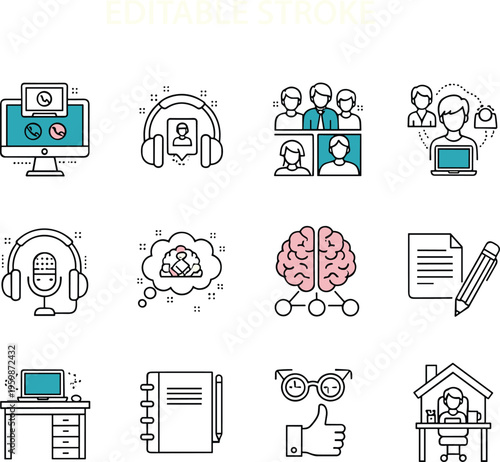 Remote work icons set, home office symbols, teleconference webinar, online meeting, virtual team, video call, digital workspace, brain productivity, business.