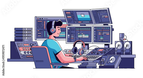 Young man working in a modern audio production studio.