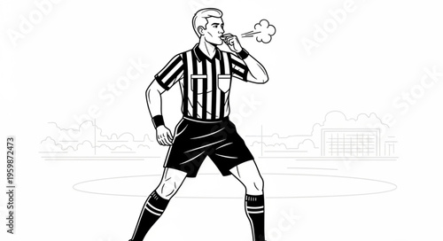 Referee Blowing Whistle in Black and White Illustration.