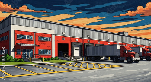 Red Warehouse with Trucks at Loading Docks Illustration.