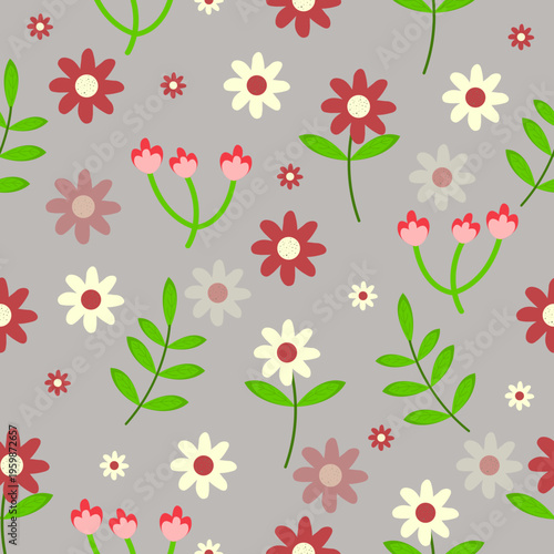 Seamless Spring Floral Pattern with Cute Flowers and Leaves