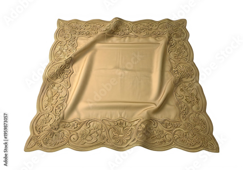 A golden embroidered tablecloth with intricate floral patterns and scalloped edges. isolated on transparent background