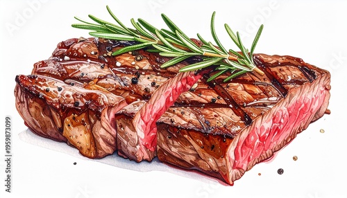 Grilling juicy medium rare t-bone beef steak with rosemary