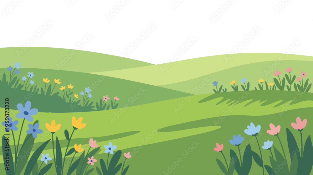 Obraz premium Meadow with Minimalist Wildflowers on Rolling Green Hills Illustration