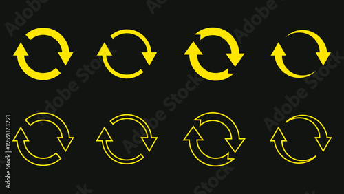 Modern circular refresh yellow arrow icons set for sync reload update and loop UI interface design