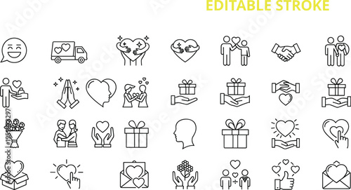 Love icons set, romance, relationship, wedding, couple, heart, gift, bouquet, handshake, emotions, affection, dating, marriage, happiness, car