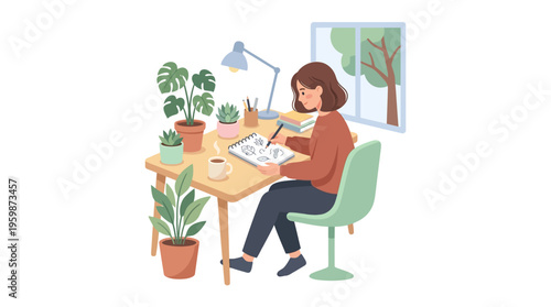 Young woman artist drawing at desk with plants.