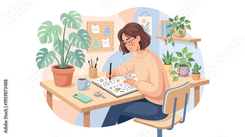 Young woman artist drawing in a cozy studio filled with plants.