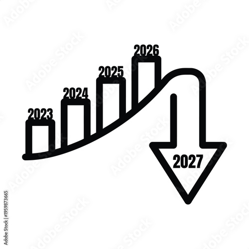 Bar chart with upward trend from 2023 to 2026 then sharp drop to 2027, downturn concept