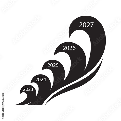 Stylized wave graphic with years 2023 to 2027 representing sequential progress and growth
