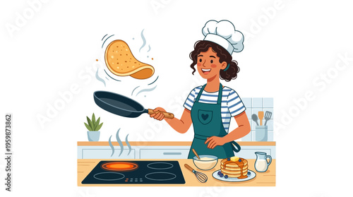 Young woman chef flipping pancake in kitchen.
