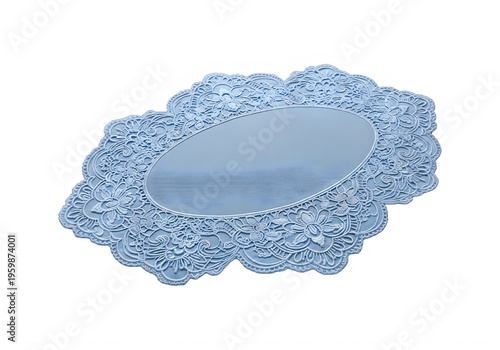 An oval shaped blue lace placemat with intricate floral patterns and a textured center isolated on transparent background