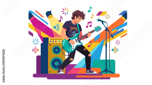 Young man playing electric guitar on stage with amplifier and microphone.