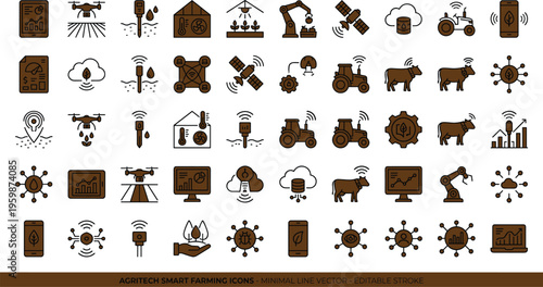 Agritech smart farming icon set with drones sensors tractors livestock irrigation analytics and precision agriculture symbols