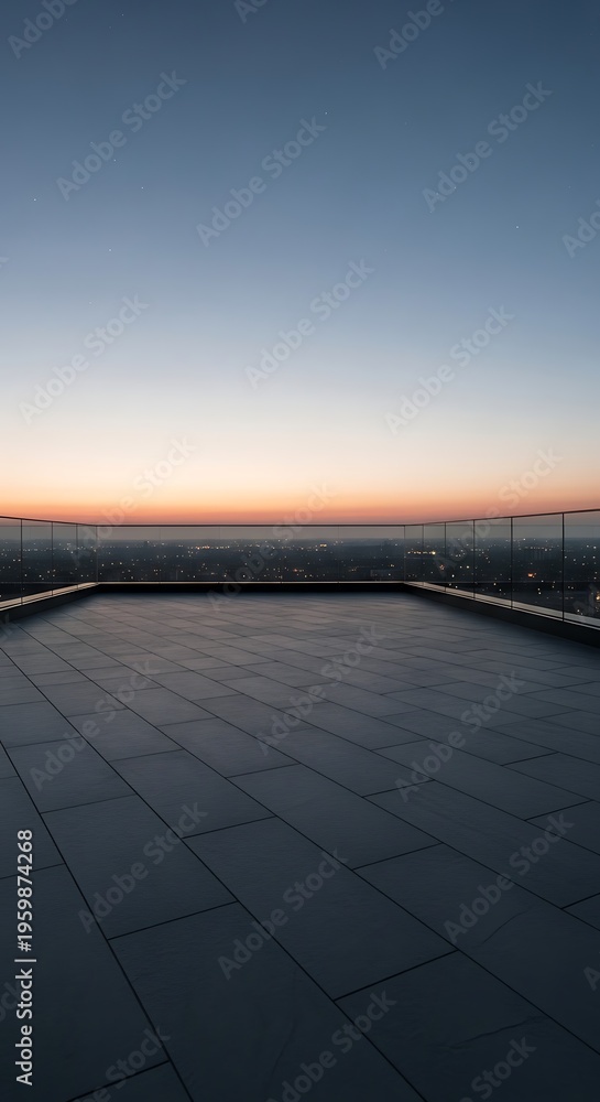 Naklejka premium Modern rooftop terrace at sunset with city lights and clear sky, offering a serene urban vista and a sense of elevated tranquility.
