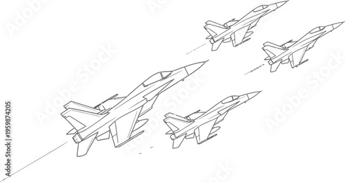 Outline drawing depicting four modern military fighter jets flying in a close tactical formation against a white background