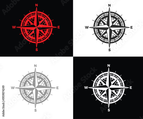 Vintage Nautical Compass Rose Design with Cardinal Directions and Degree Markings